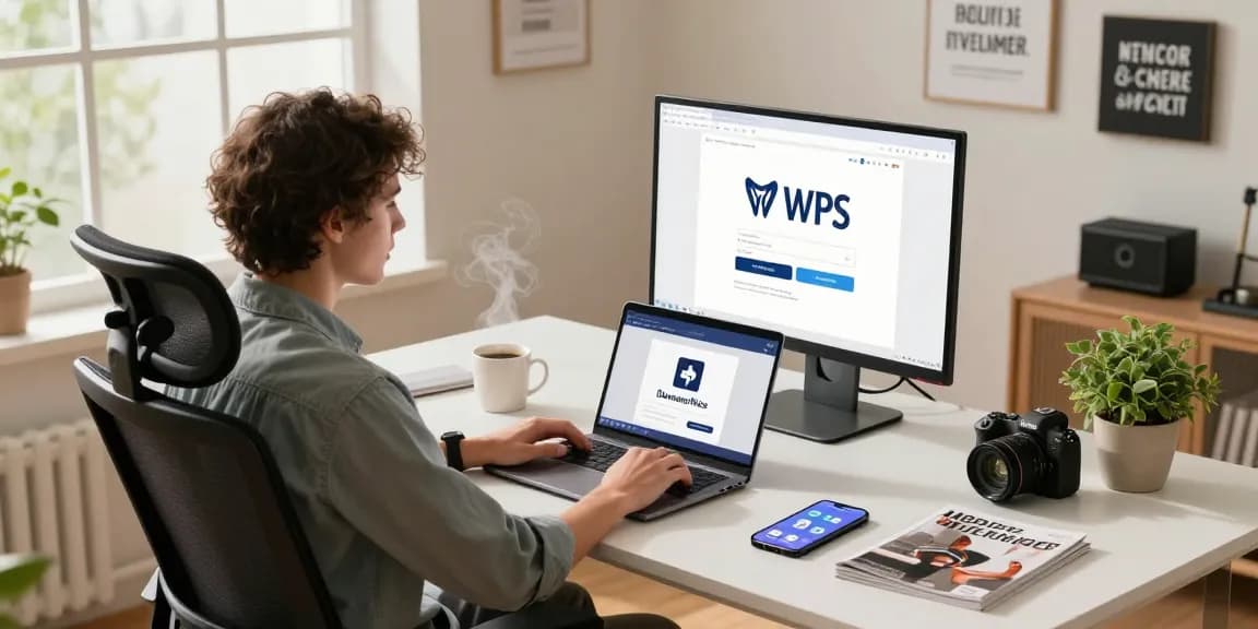 WPS Download preparation with a user in a modern office setting, showcasing productivity tools.