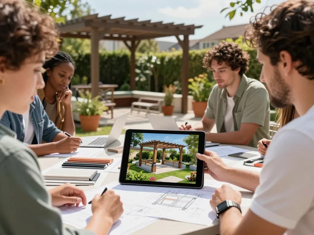 Designers using Pergola Sales Software to visualize customizable pergolas in a vibrant outdoor garden setting.