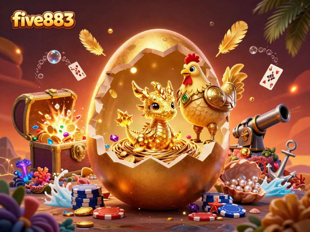 Engage with five883 casino, where a golden baby dragon surprises on poker chips amidst vibrant treasures.