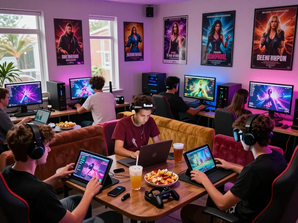 Group of gamers enjoying HTML porn games in a lively, colorful gaming space.