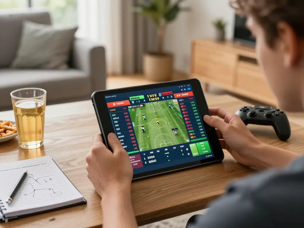 Enjoying live sports betting with Sky88live on a tablet in a cozy home setting