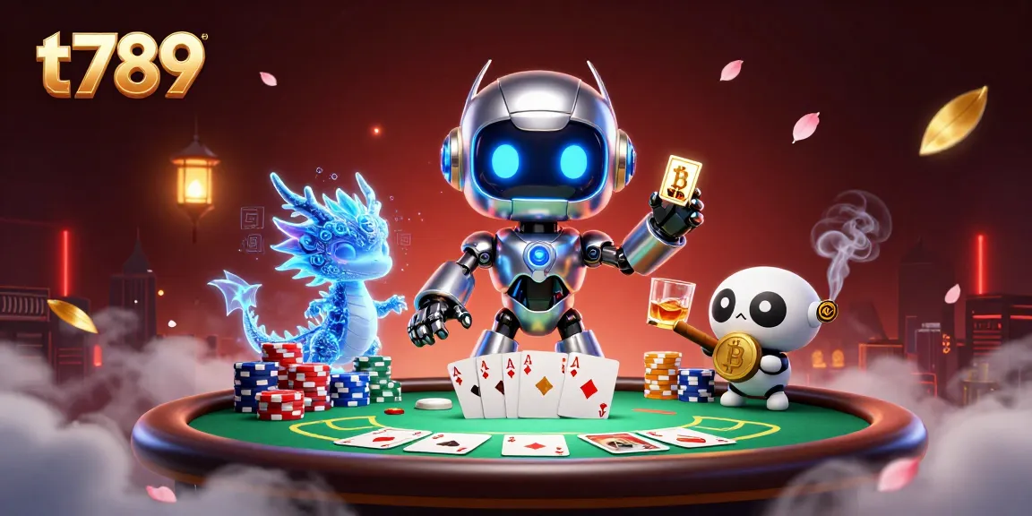 Experience the thrill of t789 with a cyberpunk robot and AI dragon in a vibrant casino scene.