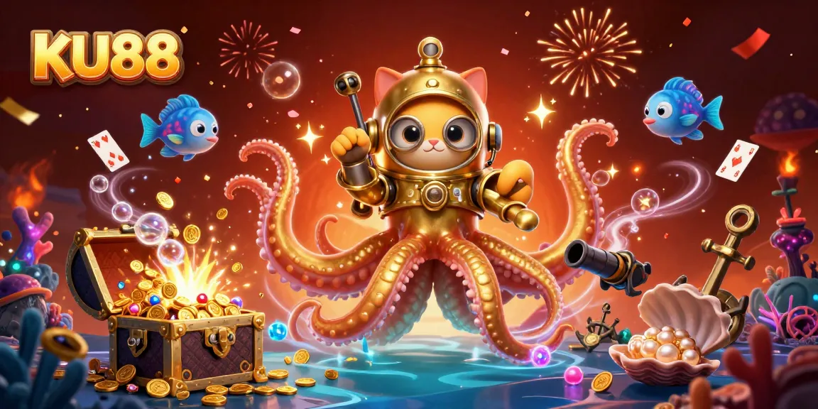 Engage with KU88's vibrant casino-themed adventure featuring a kraken, diving cat, and treasure.