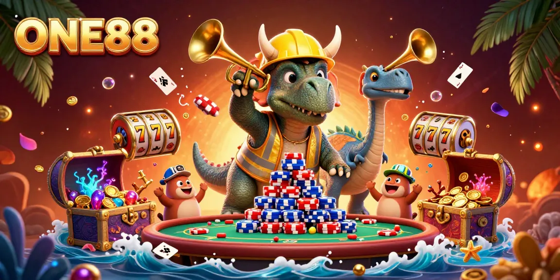 ONE88 engages players with thrilling slot machines and poker in a dynamic casino scene.