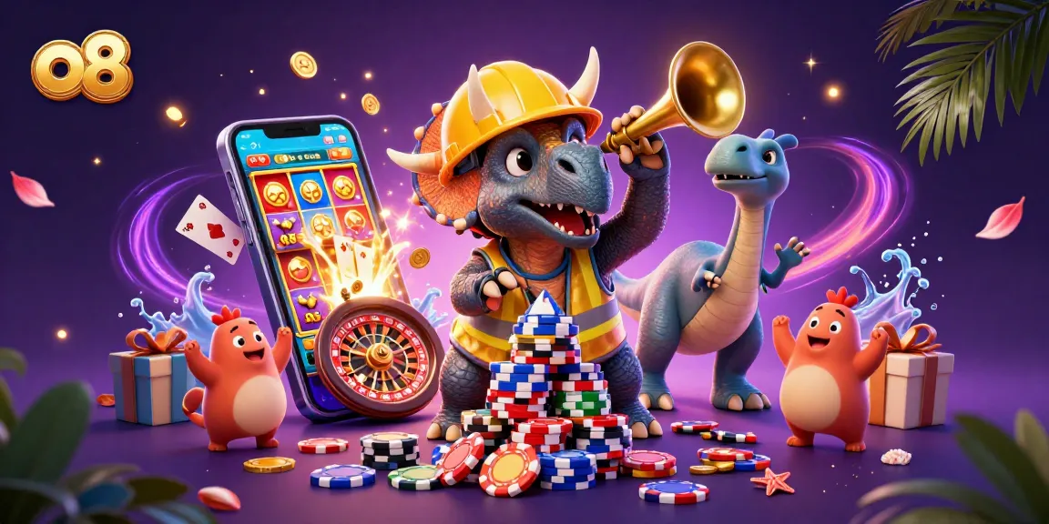 Experience the excitement of o8 with a vibrant casino-themed 3D scene featuring a triceratops.