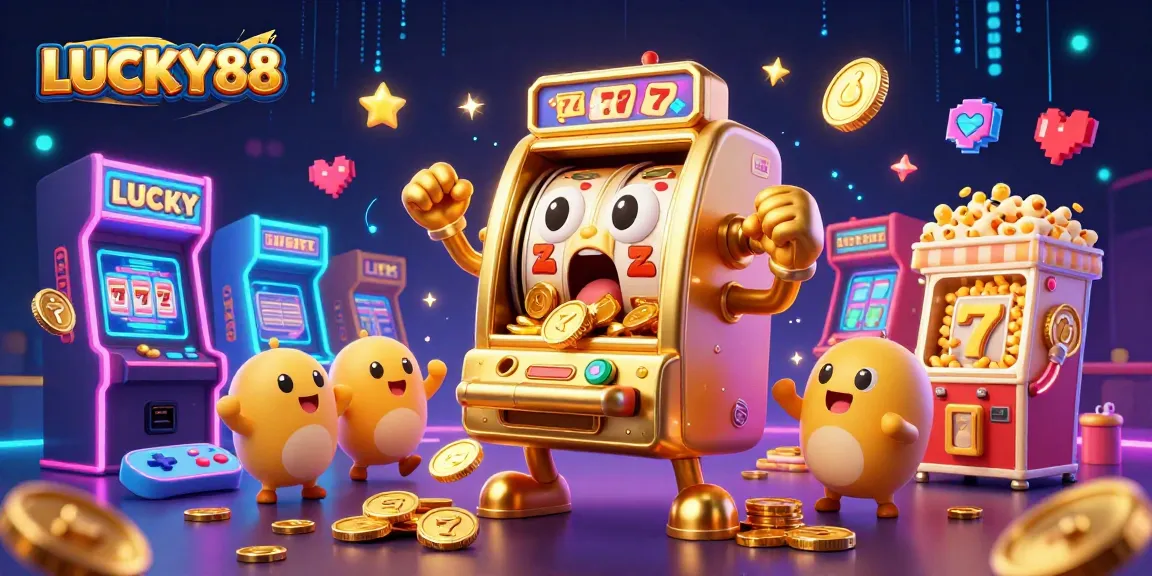 LUCKY88 slot machine hits jackpot, unleashing coins in an exciting casino scene.