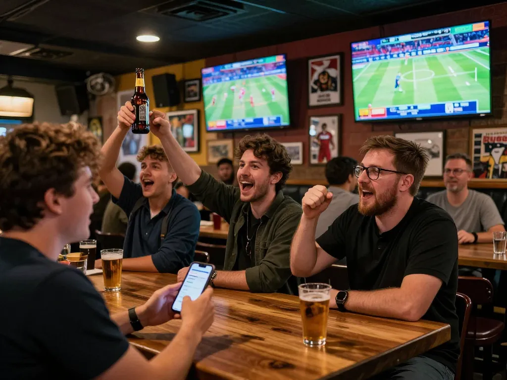Engaging sports betting moment at 98win, patrons celebrating while placing dynamic bets during live events