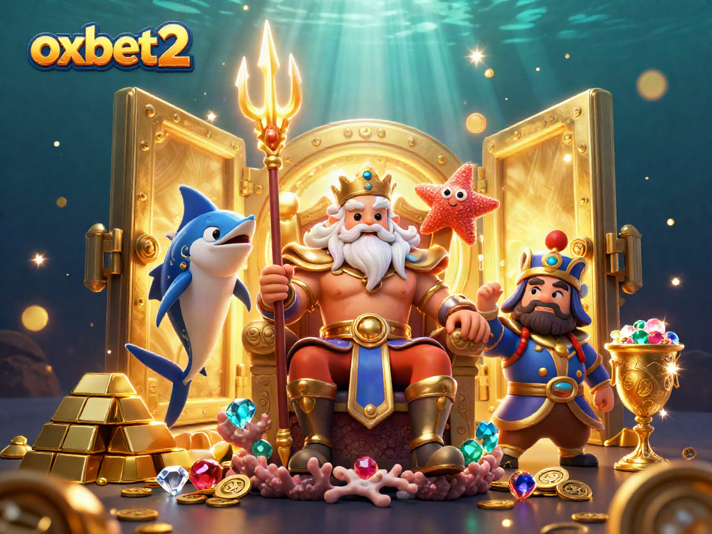 Experience the excitement of oxbet2 with a vibrant underwater casino scene featuring Neptune and treasures.