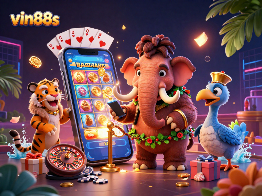 Experience excitement at vin88s with a dynamic casino scene featuring a bouncer, VIP guest, and a doorman.