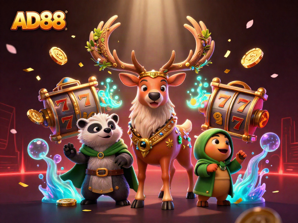 Spin the reels at AD88, where fortune meets whimsical creatures in a vibrant casino scene.