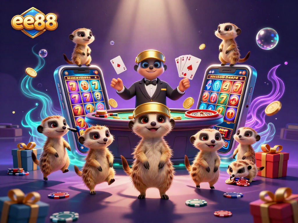 ee88 meerkats managing a vibrant casino scene with slots, cards, and glowing elements