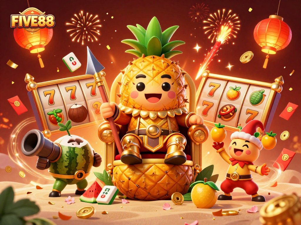 Engage with FIVE88's vibrant casino landscape featuring a golden pineapple king and dynamic gaming elements.