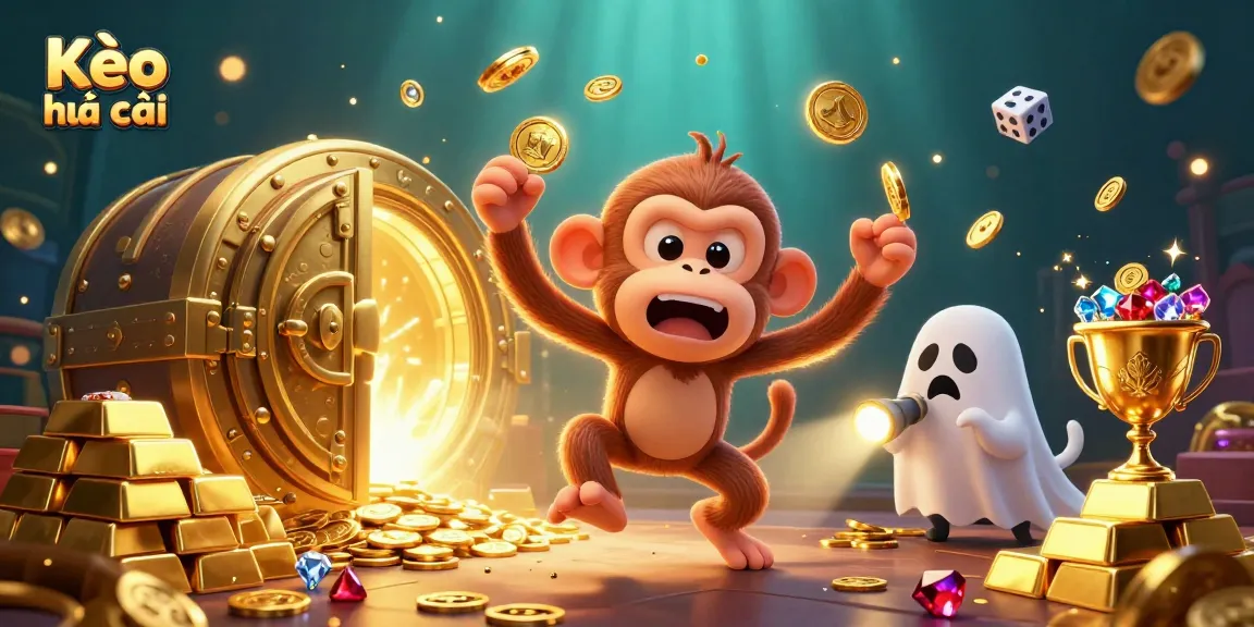 Experience Kèo nhà cái with a mischievous poltergeist monkey juggling golden gaming tokens in a haunted casino.