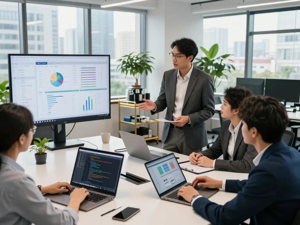 Team collaboration at https://7mvna.com/ with data analytics and project discussions in a modern office.