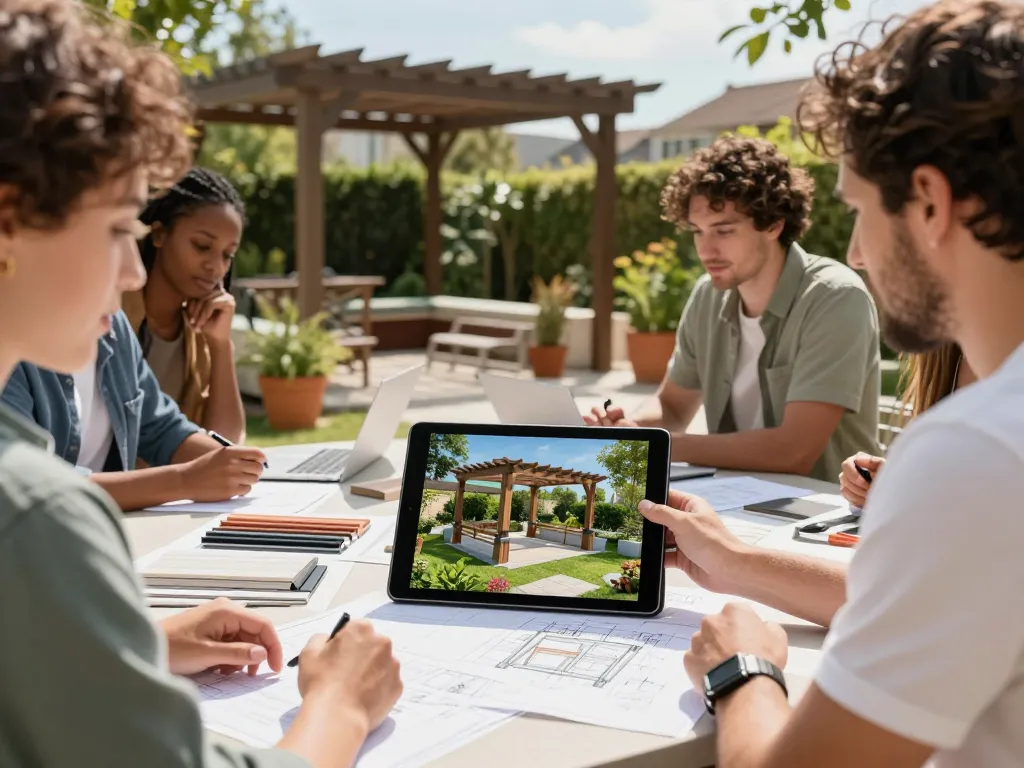 Designers using Pergola Sales Software to visualize customizable pergolas in a vibrant outdoor garden setting.