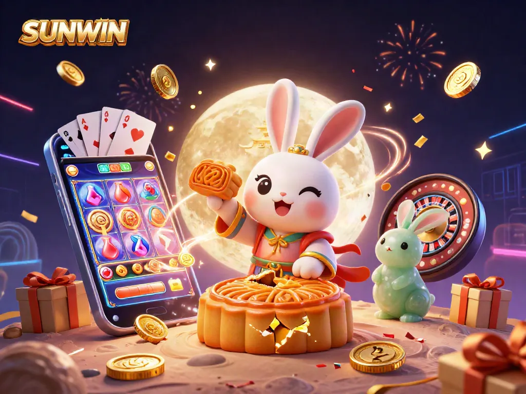 SUNWIN showcases a vibrant casino scene with a moon rabbit character creating excitement around slot games and poker chips.