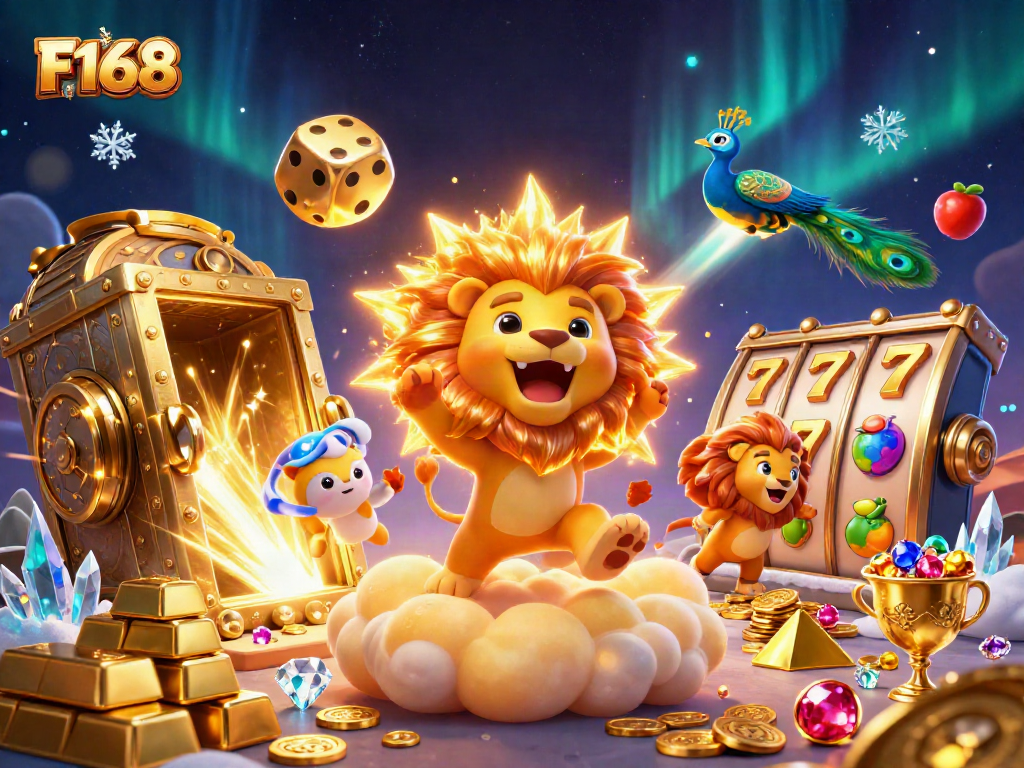Experience thrilling wins with F168 casino's vibrant gaming illustration featuring iconic slot elements.