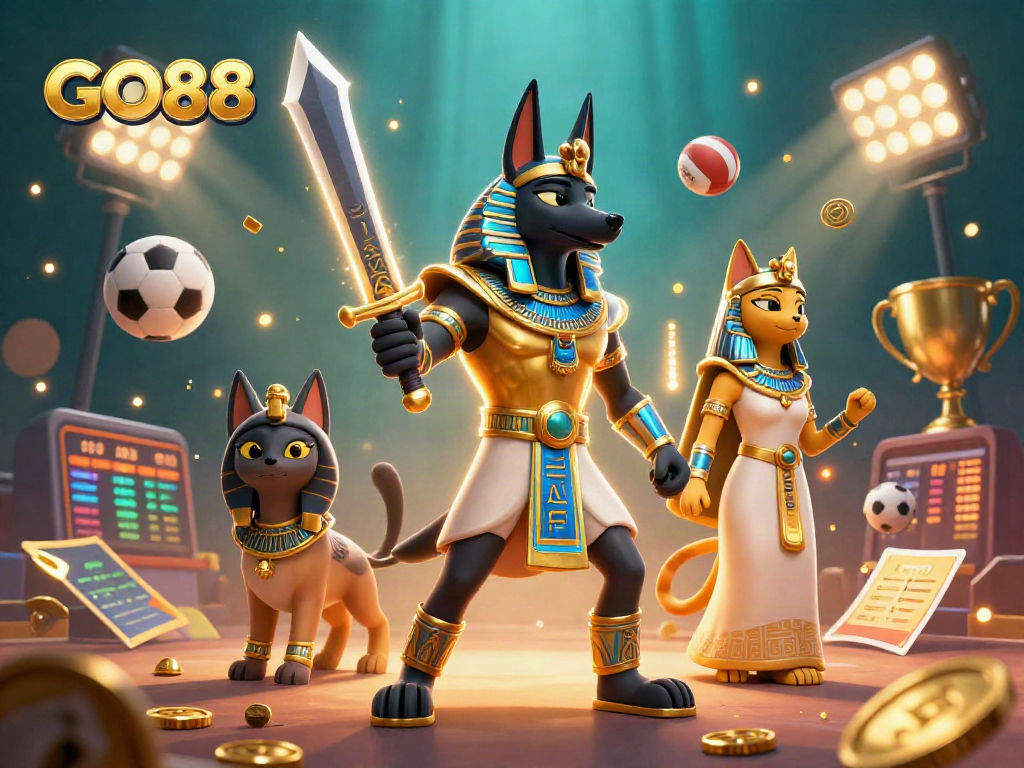Engage with GO88's vibrant gaming experience featuring Anubis and Bastet amidst dynamic sports action.