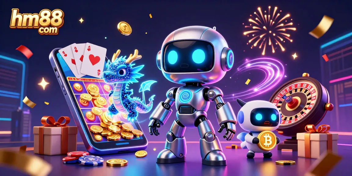 Spin reels and win at hm88 com with a vibrant casino scene featuring robots and gaming elements.
