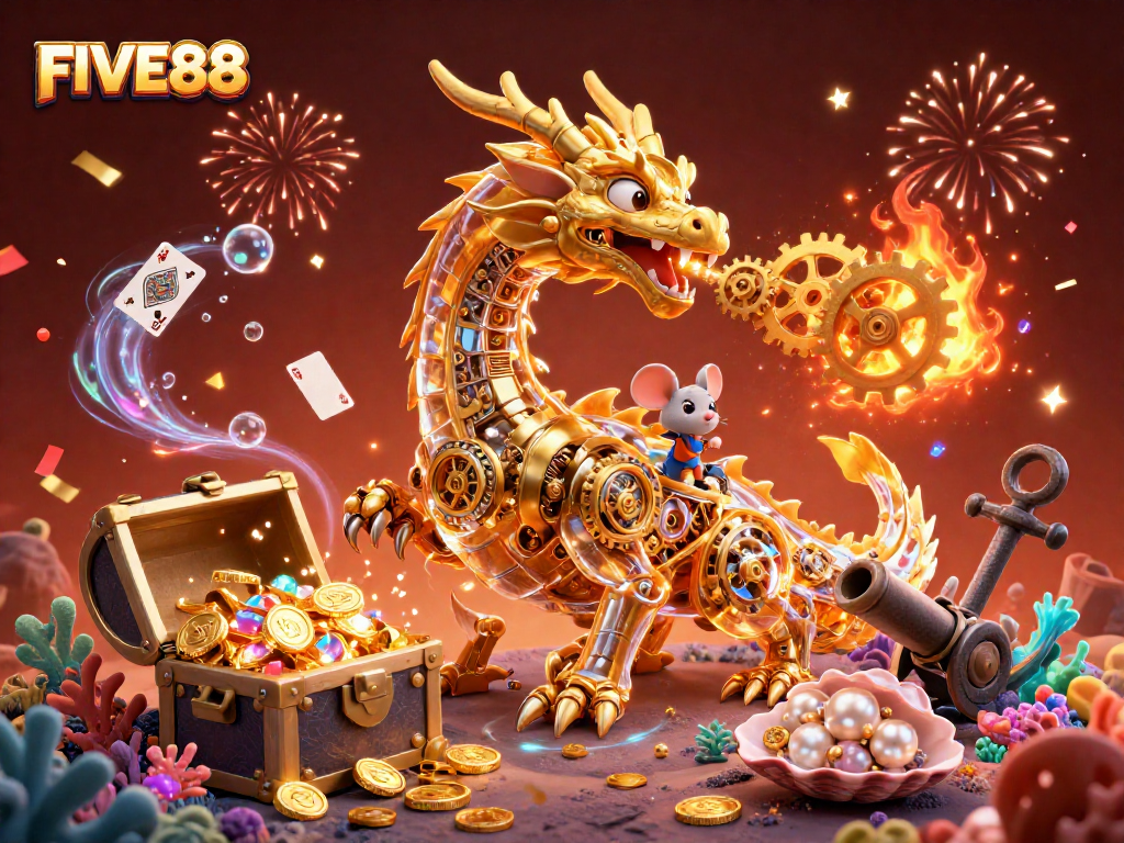 Experience exciting wins with FIVE88 in a vibrant 3D casino scene featuring dynamic characters and game elements.