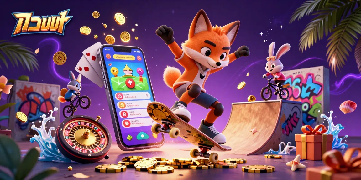แทงบอล action scene with a fox kickflipping over poker chips and a rabbit alongside, showcasing sports betting excitement.