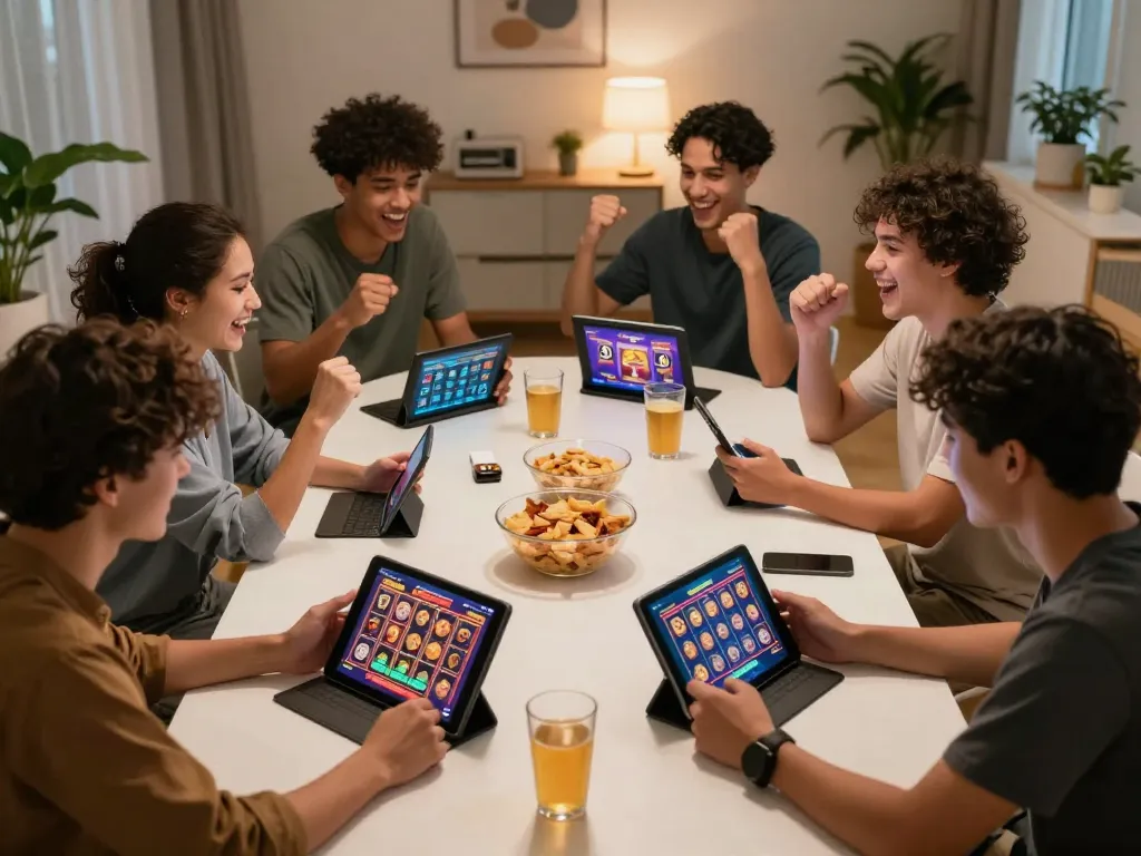 Friends enjoying online slot gacor games at home, celebrating a win in a cozy atmosphere.