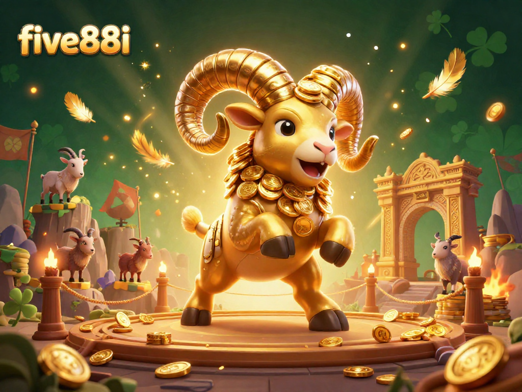 Experience the thrill of five88i in a vibrant casino battle featuring a gold ram amidst swirling golden tokens.