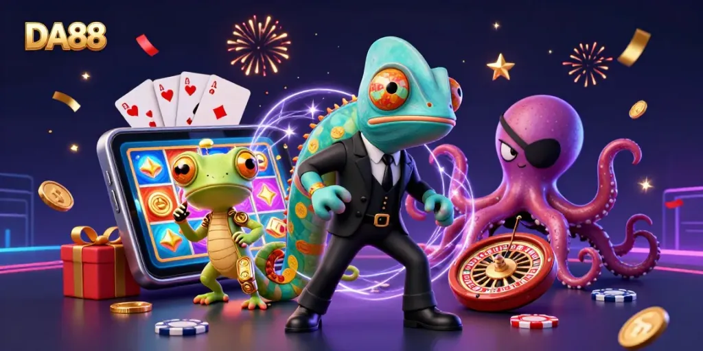 Experience excitement with DA88 as the vibrant secret agent trio interacts amidst dynamic slot game elements.