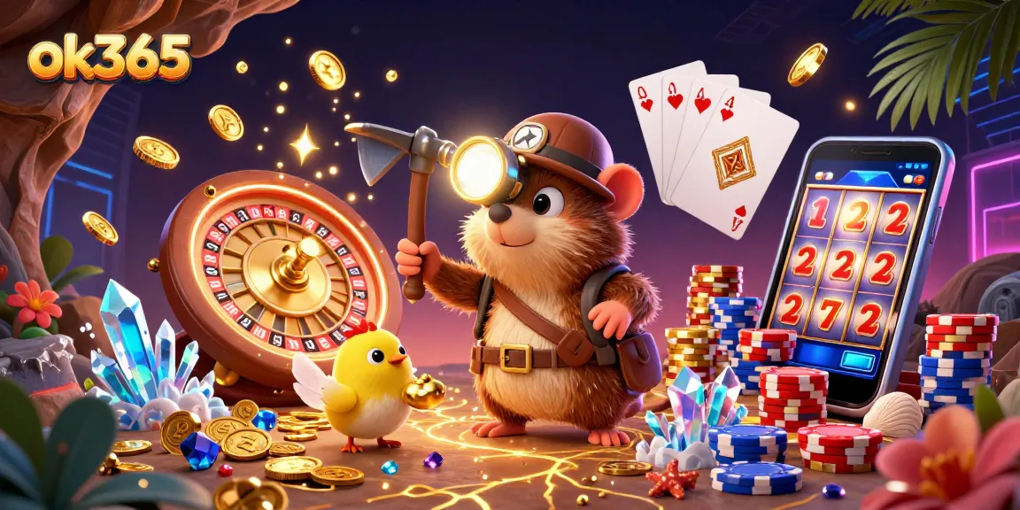 Experience the excitement of ok365 with a 3D treasure hunter and casino elements attracting gamblers.