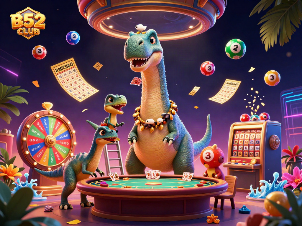 Engage with B52CLUB's dynamic casino world featuring colorful lottery elements and lively characters.