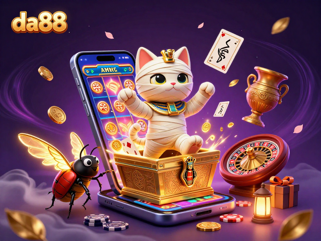 da88 showcases a vibrant Egyptian-themed casino scene with a mummy cat bursting from a sarcophagus.