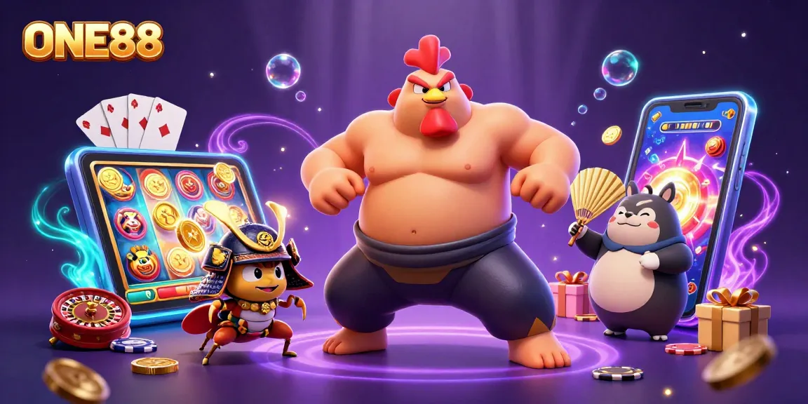 Engage with the vibrant action of ONE88 featuring a powerful sumo rooster, intense cricket, and tanuki announcer amidst gambling excitement.