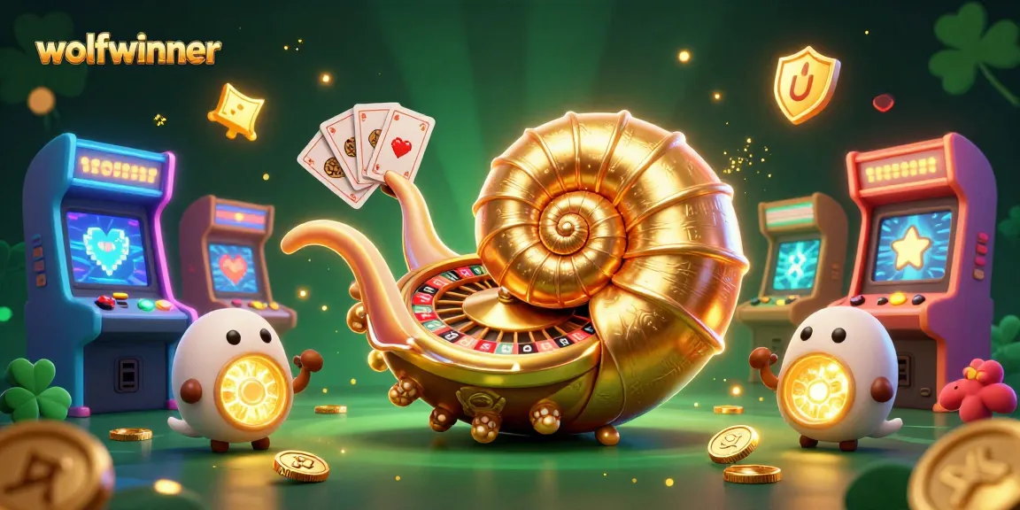 wolfwinner showcases a giant nautilus roulette wheel amidst glowing game machines, enhancing casino excitement.