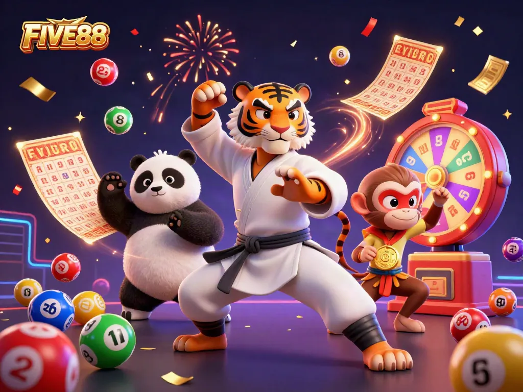 Join the action at FIVE88 with a 3D kung fu tiger master, panda disciple, and monkey student celebrating big wins!