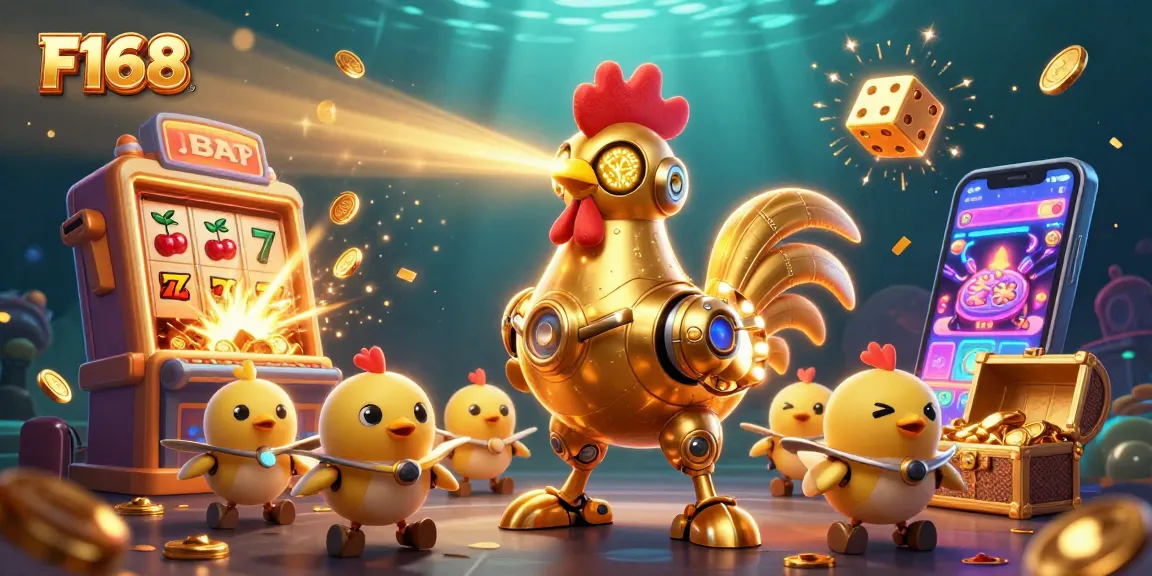 Experience F168 with a thrilling slot jackpot explosion featuring a golden rooster robot and vibrant game elements.