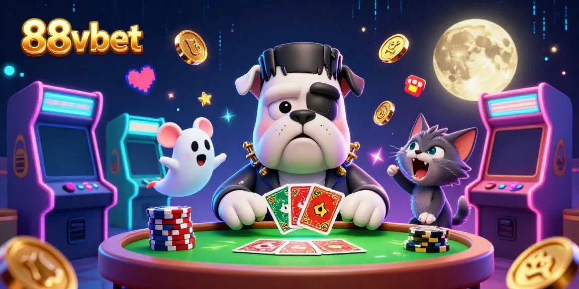 Experience thrilling gameplay at 88vbet with a whimsical casino scene featuring a unique 3D dog dealer.