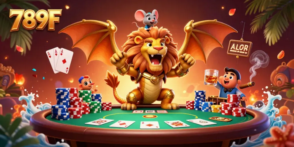 Engage at 789F with a roaring chimera, poker chips, and festive casino elements in vibrant detail.