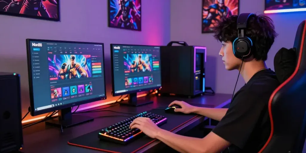 Gamer immersed in Man88 online gaming experience with vibrant setup.