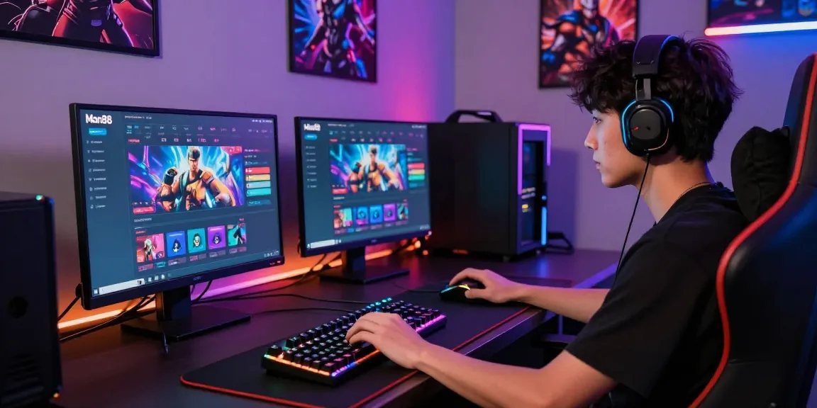 Gamer immersed in Man88 online gaming experience with vibrant setup.