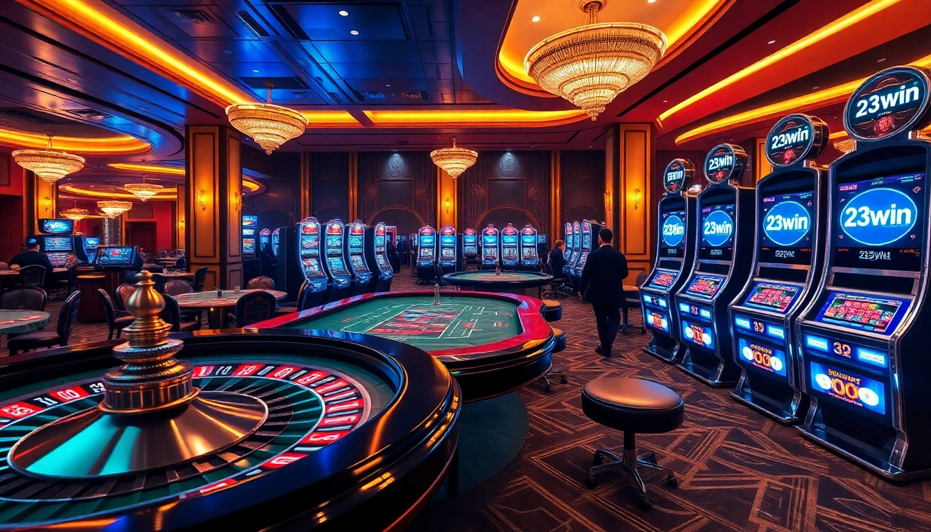 Players enjoying high-stakes gaming at 23win online casino with vibrant slot machines.