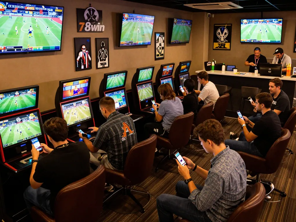 Engaged patrons betting on sports at the thể thao 789win lounge, vibrant atmosphere with screens and social interaction.