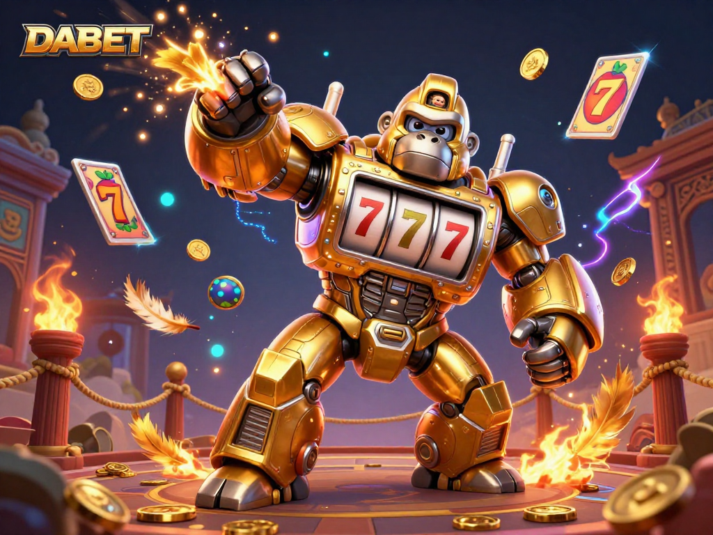 DABET showcases thrilling fun with a golden gorilla mech and spinning slot machine elements in an exciting casino scene.