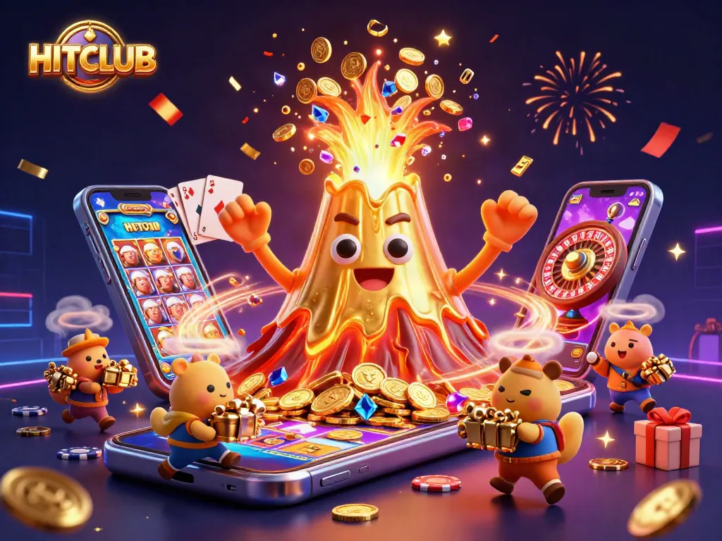 Join the excitement of HITCLUB as a golden volcano erupts treasures in a vibrant casino scene.