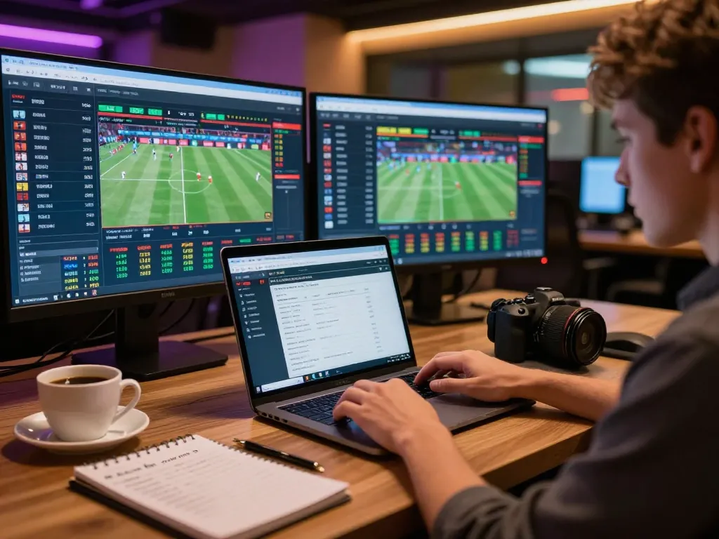 Engaging in keo nha cai betting with laptop displaying live odds and sports analytics.