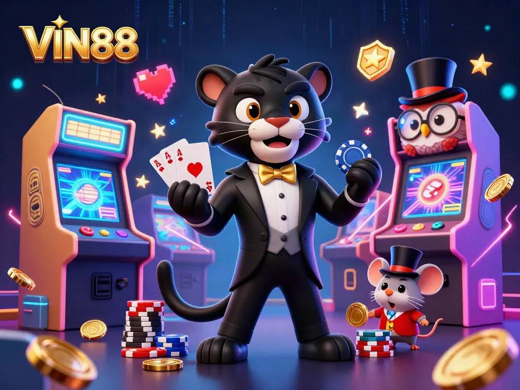 Experience the vibrant gamescape of VIN88 with elegant characters and dynamic casino elements.