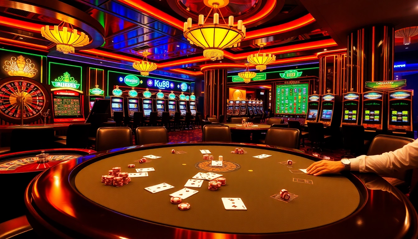 Engage in exciting casino gameplay at ku88 with vibrant poker chips and strategic card plays.