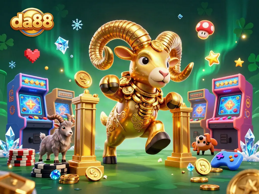 da88 showcases an energetic golden ram charging through a vibrant casino scene filled with games and excitement.