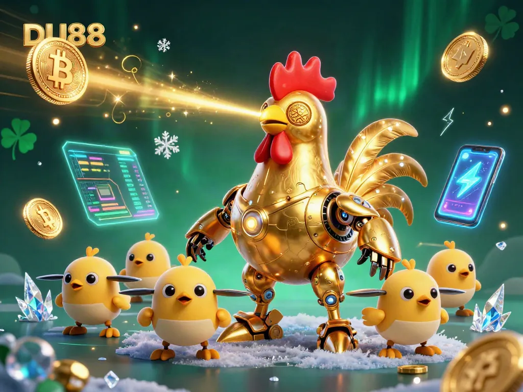 Experience DU88's online gaming excitement with a vibrant 3D illustration featuring a golden rooster robot.