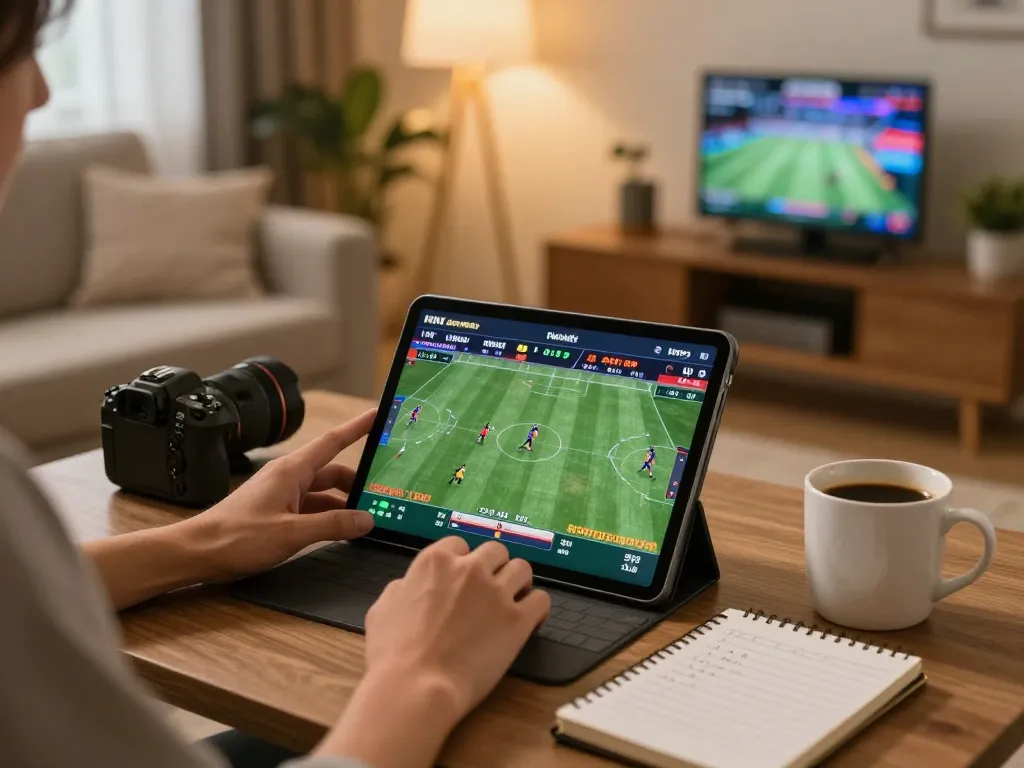 Engaged user participates in kèo nhà cái trực tiếp on tablet amidst a cozy home setup, reflecting responsible gambling.