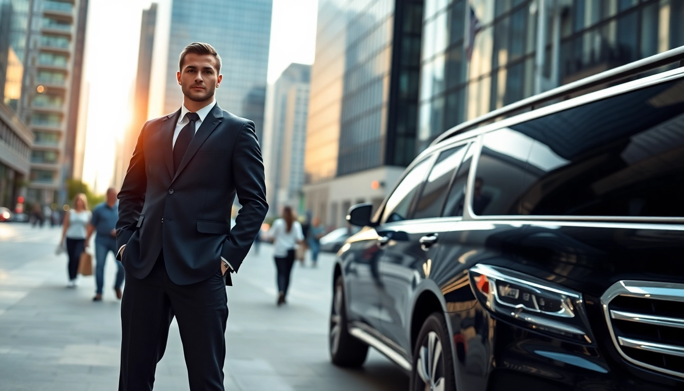 Personal security guard confidently overseeing a busy urban environment.